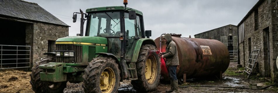 Farmer filling tractor with red diesel fuel on UK farm