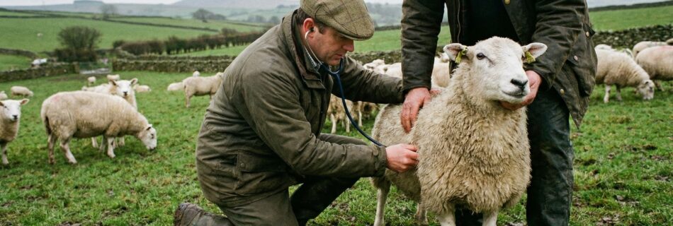 Vet examining sheep for bluetongue disease on UK farm