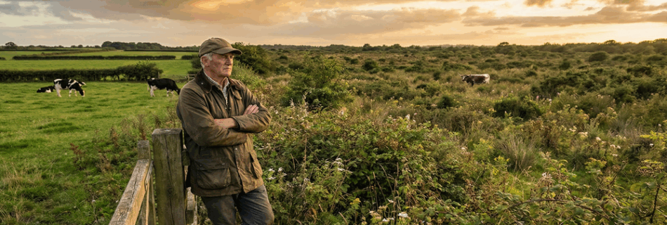 Farmer surveys rewilded landscape at golden hour
