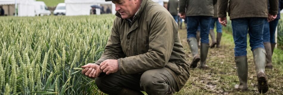 AI-generated editorial illustration of a farmer crouching to inspect a winter wheat demonstration plot at a muddy summer arable show, visitors and marquees behind