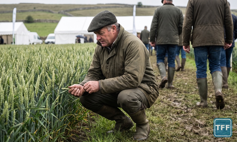 AI-generated editorial illustration of a farmer crouching to inspect a winter wheat demonstration plot at a muddy summer arable show, visitors and marquees behind