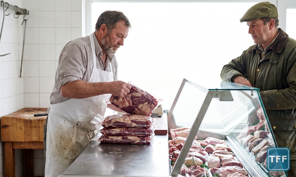 AI-generated editorial illustration of a butcher lifting a vacuum-packed joint of marbled beef from a stack of plain packs while a farmer watches across the counter