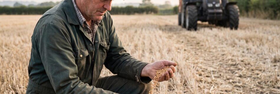 AI-generated editorial illustration: a farmer kneels on dry wheat stubble checking a handful of grain, an unbranded tractor in the distance