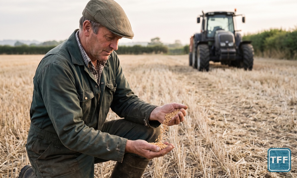 AI-generated editorial illustration: a farmer kneels on dry wheat stubble checking a handful of grain, an unbranded tractor in the distance