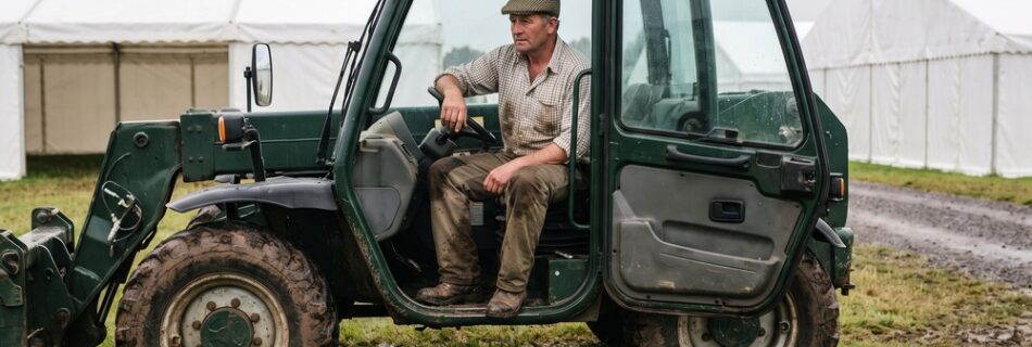 A farmer in a flat cap sits alone in the open cab of a plain dark green telehandler on a quiet agricultural showground trade stand, white marquees behind