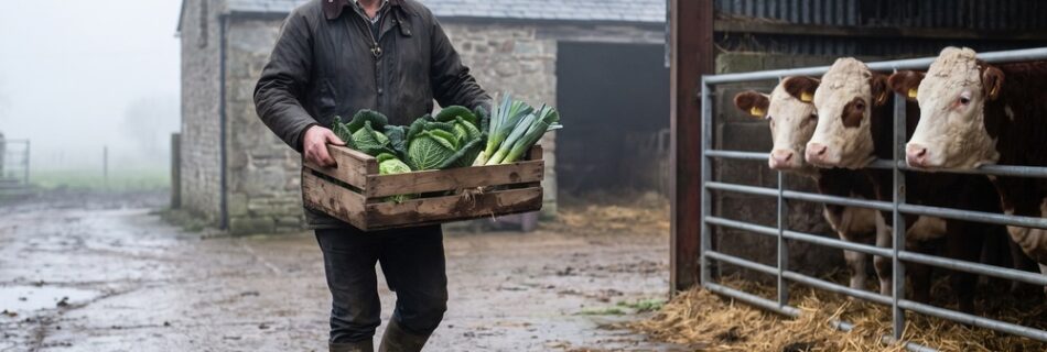 AI-generated editorial illustration: a farmer carries a crate of cabbages and leeks across a misty farmyard while beef cattle look over a gate