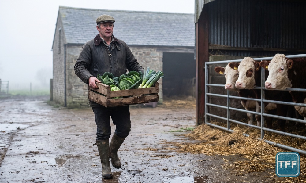 AI-generated editorial illustration: a farmer carries a crate of cabbages and leeks across a misty farmyard while beef cattle look over a gate