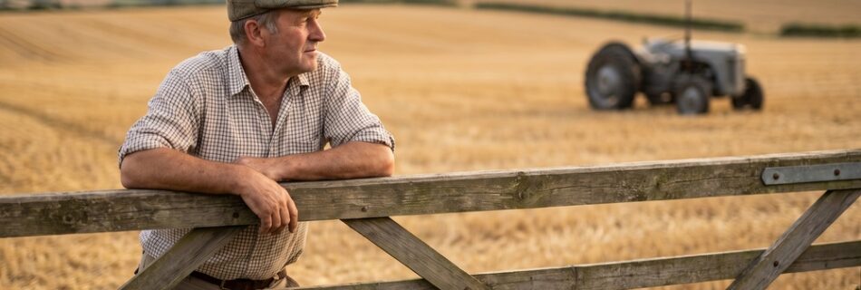 AI-generated editorial illustration: a farmer in a flat cap leaning on a wooden gate looking across a harvested wheat stubble field, with a plain grey tractor in the distance