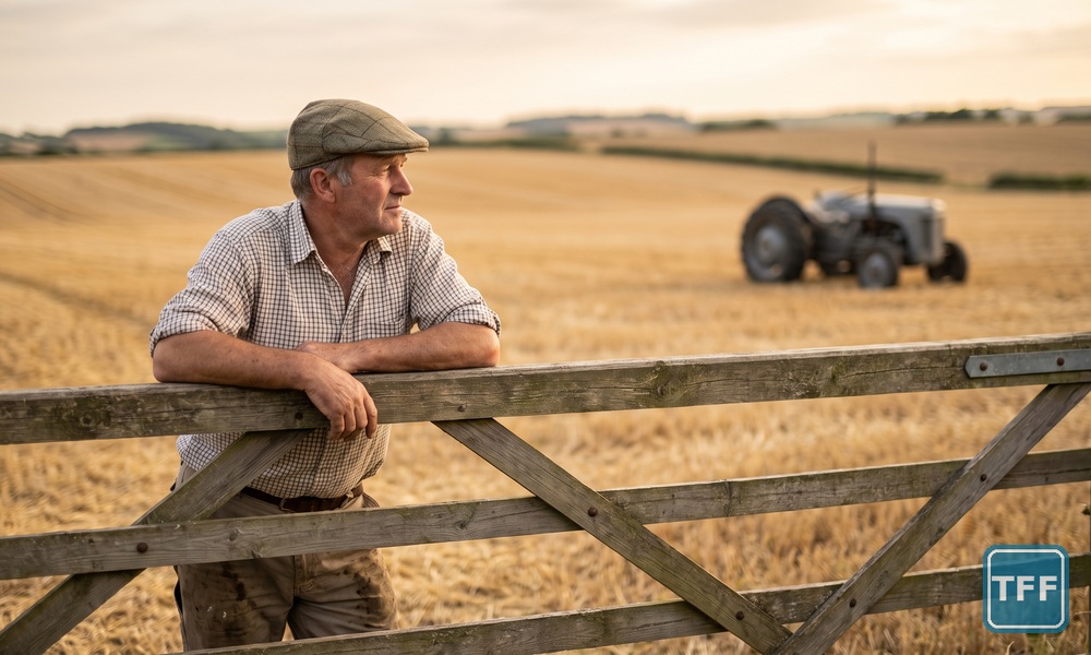 AI-generated editorial illustration: a farmer in a flat cap leaning on a wooden gate looking across a harvested wheat stubble field, with a plain grey tractor in the distance