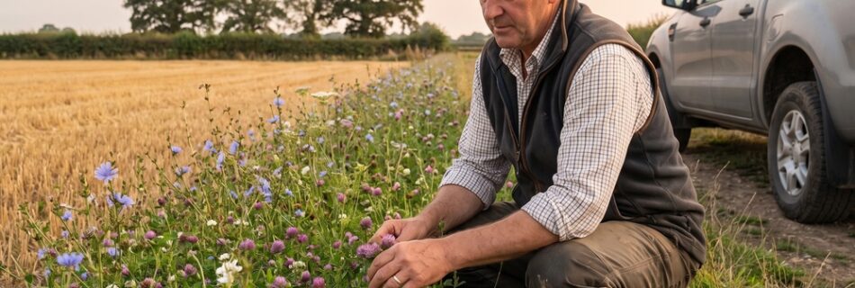 AI-generated editorial illustration of a farmer crouching at a flowering herbal ley strip beside harvested wheat stubble, with an unbranded grey pickup behind