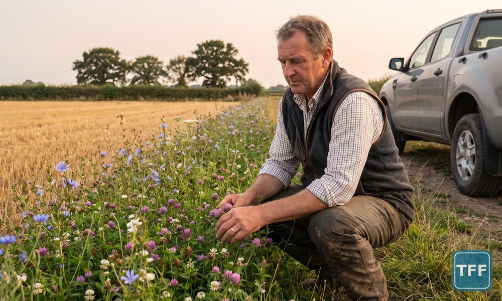 AI-generated editorial illustration of a farmer crouching at a flowering herbal ley strip beside harvested wheat stubble, with an unbranded grey pickup behind