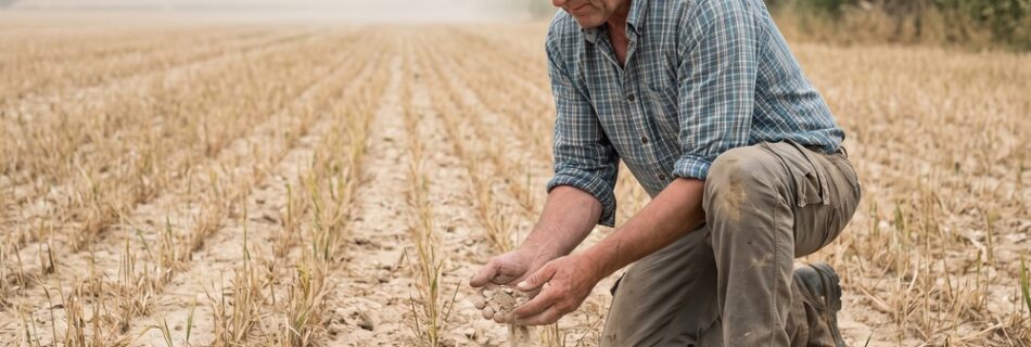 AI-generated editorial illustration of a farmer kneeling in a drought-stunted spring barley field, crumbling bone-dry stony soil through his fingers