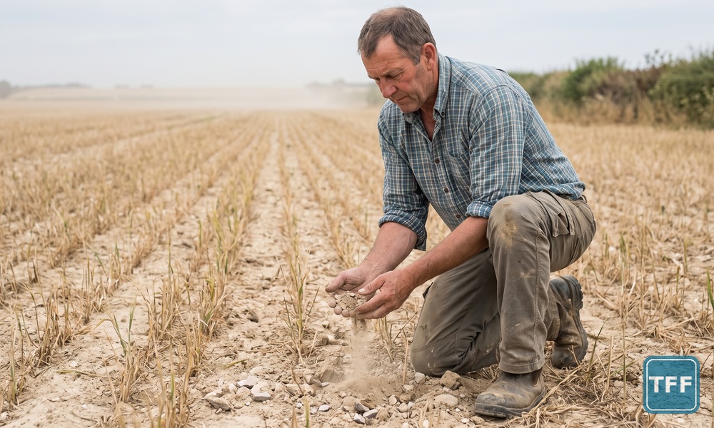 AI-generated editorial illustration of a farmer kneeling in a drought-stunted spring barley field, crumbling bone-dry stony soil through his fingers