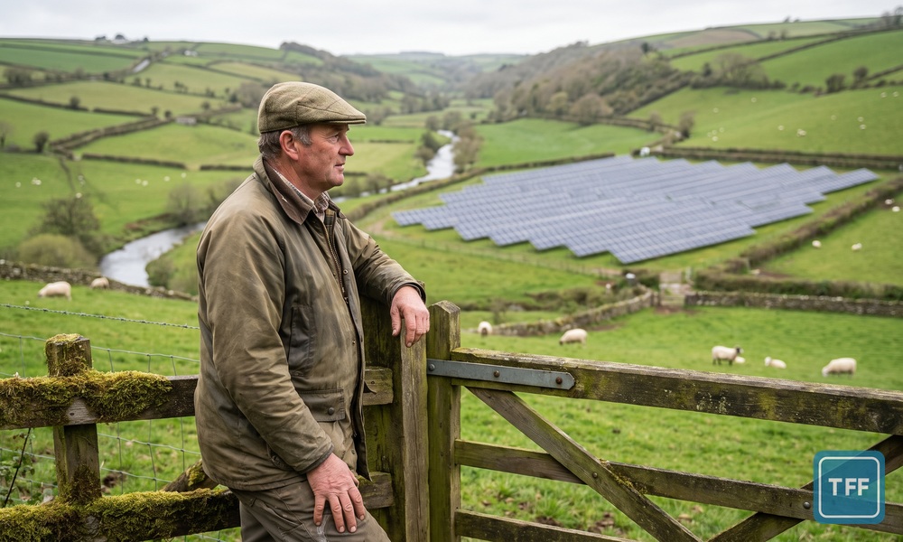 A farmer in a flat cap leans on a wooden field gate looking across a Devon valley of hedged pastures with sheep, where one large field is covered in rows of dark solar panels