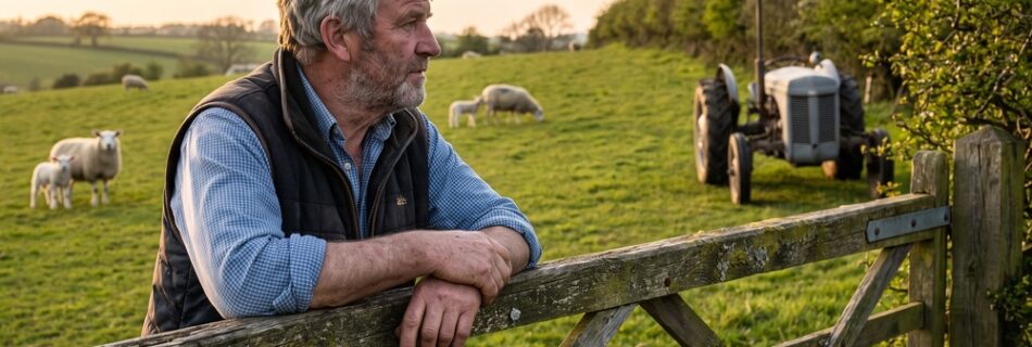 An older farmer leaning on a wooden field gate at evening, looking over sheep pasture with a plain grey tractor in the distance