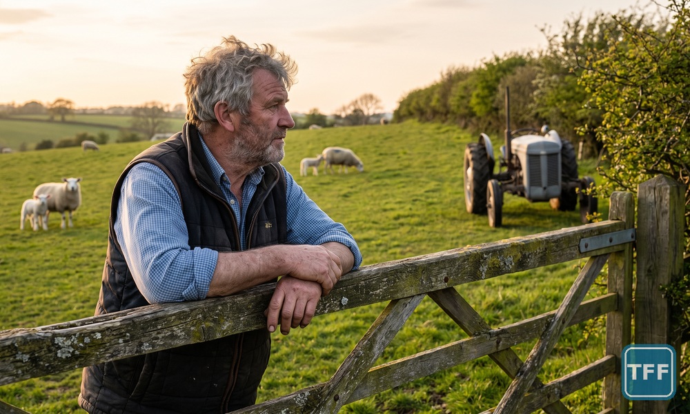 An older farmer leaning on a wooden field gate at evening, looking over sheep pasture with a plain grey tractor in the distance