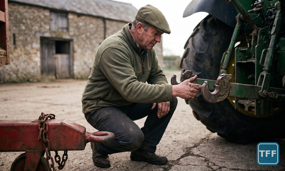 AI-generated editorial illustration of a farmer crouching at the rear of an unbranded green tractor in a farmyard, inspecting the pick-up hitch hook, with a red trailer drawbar and towing ring in the foreground