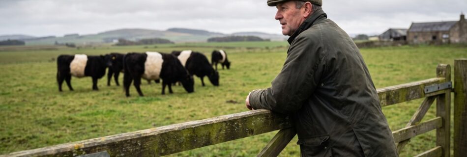 Farmer leaning on a wooden field gate watching Belted Galloway cattle grazing on Scottish pasture