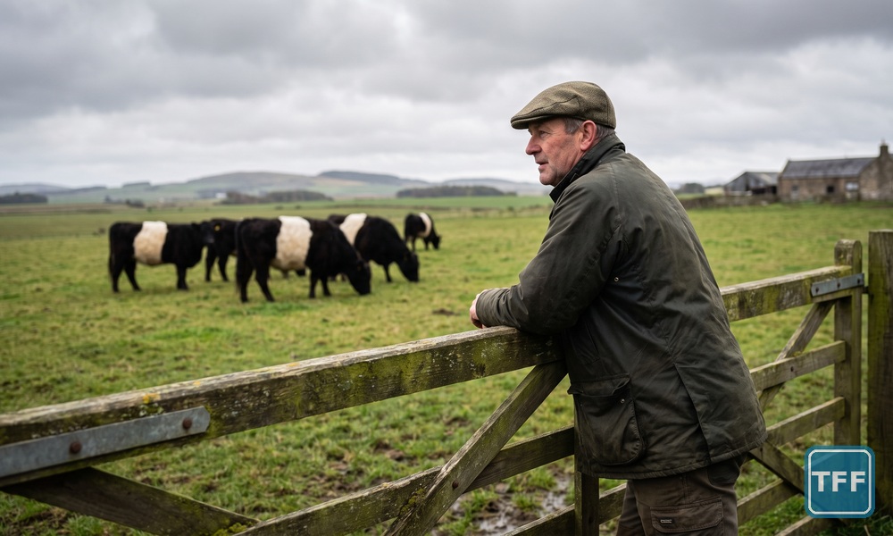 Farmer leaning on a wooden field gate watching Belted Galloway cattle grazing on Scottish pasture