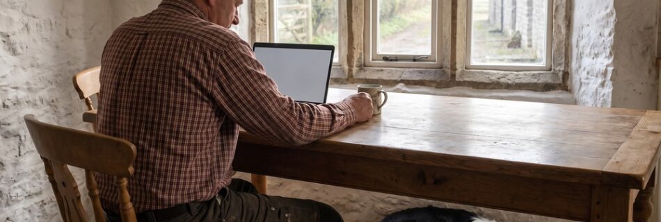 A farmer sits at an oak kitchen table in a stone farmhouse kitchen at dawn with a laptop and a mug of tea, a collie asleep on the flagstones and the misty farmyard through the window