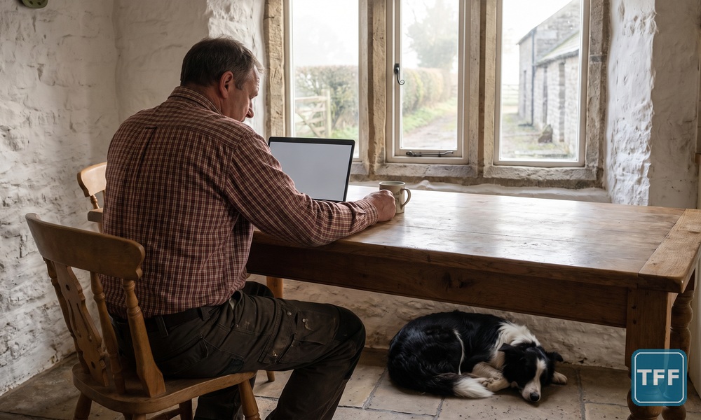 A farmer sits at an oak kitchen table in a stone farmhouse kitchen at dawn with a laptop and a mug of tea, a collie asleep on the flagstones and the misty farmyard through the window