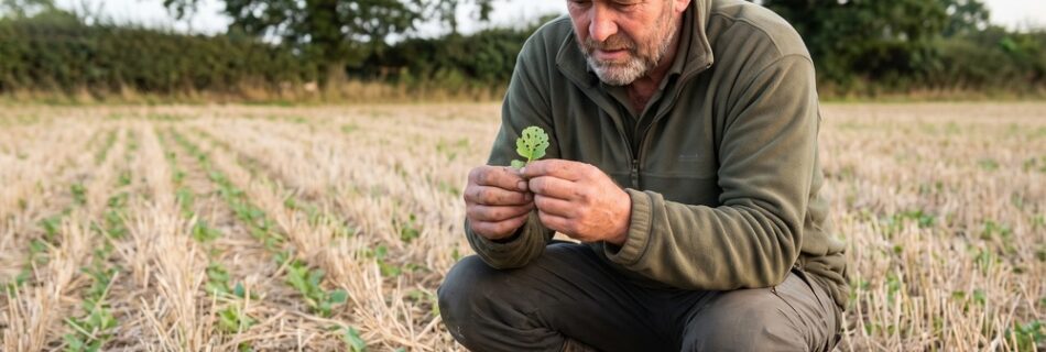 AI-generated editorial illustration: a farmer crouching in a patchy field of newly emerged oilseed rape seedlings on stubble, inspecting a seedling leaf pitted with shot holes