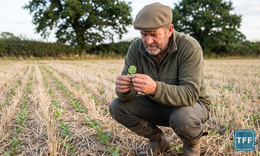 AI-generated editorial illustration: a farmer crouching in a patchy field of newly emerged oilseed rape seedlings on stubble, inspecting a seedling leaf pitted with shot holes
