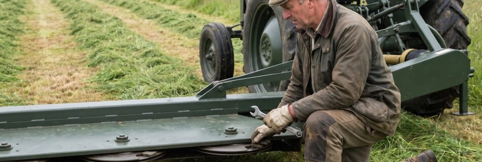 AI-generated editorial illustration of a farmer kneeling with a spanner beside the cutter bed of a plain disc mower hitched to a green tractor in a partly mown hay field