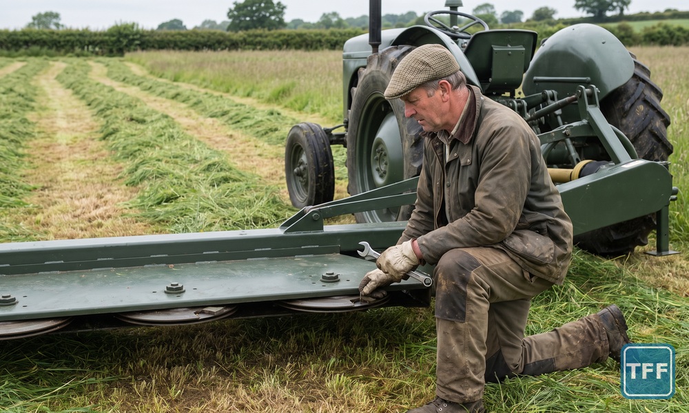 AI-generated editorial illustration of a farmer kneeling with a spanner beside the cutter bed of a plain disc mower hitched to a green tractor in a partly mown hay field