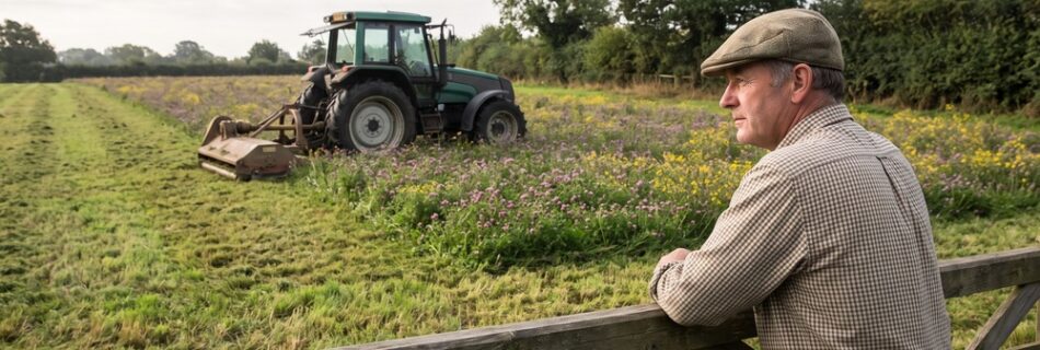 AI-generated editorial illustration: a farmer at a field gate watching a flowering legume fallow being mulched by a plain green tractor with a flail mower