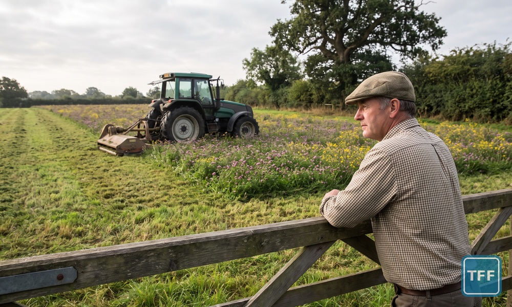 AI-generated editorial illustration: a farmer at a field gate watching a flowering legume fallow being mulched by a plain green tractor with a flail mower