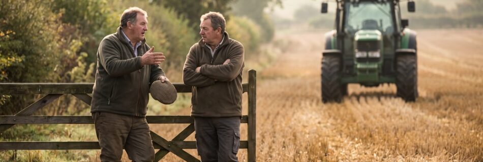 Two farmers in conversation leaning on a wooden field gate beside harvested stubble, a green tractor in the distance. AI-generated editorial illustration.