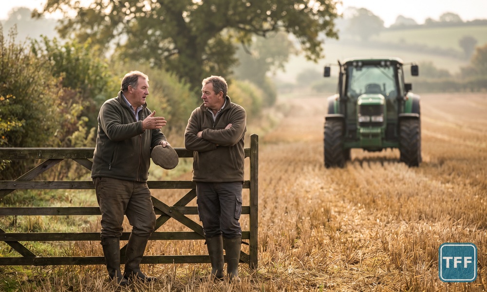 Two farmers in conversation leaning on a wooden field gate beside harvested stubble, a green tractor in the distance. AI-generated editorial illustration.