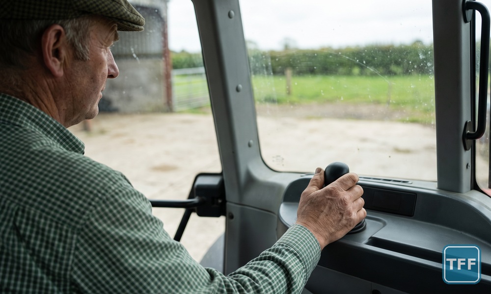 AI-generated editorial illustration of a farmer seated in a tractor cab with his hand on a black control joystick, farmyard and pasture visible through the windscreen