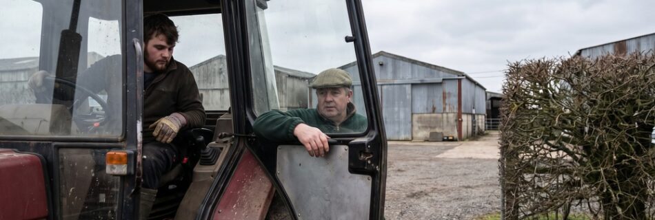 A contractor in a flat cap leans on the open cab door of a plain dark red tractor while a younger colleague sits in the seat, on the gravel yard of a rural dealership