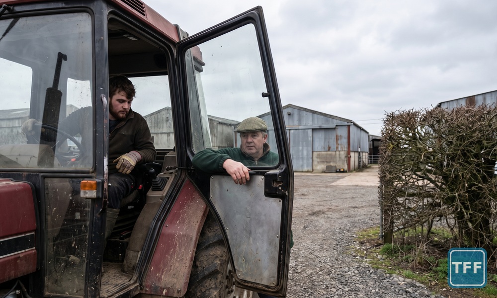 A contractor in a flat cap leans on the open cab door of a plain dark red tractor while a younger colleague sits in the seat, on the gravel yard of a rural dealership