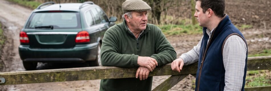A farmer in a flat cap and a visiting farm adviser in a navy gilet talk over a wooden field gate, the adviser's new green vehicle parked on the farm track behind. AI-generated editorial illustration.