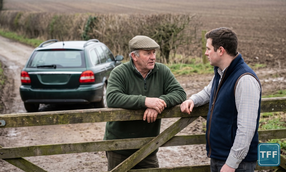 A farmer in a flat cap and a visiting farm adviser in a navy gilet talk over a wooden field gate, the adviser's new green vehicle parked on the farm track behind. AI-generated editorial illustration.