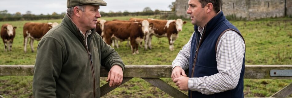 AI-generated editorial illustration: a farmer in a flat cap and a visiting business adviser in conversation at a wooden field gate, beef cattle and a stone barn behind