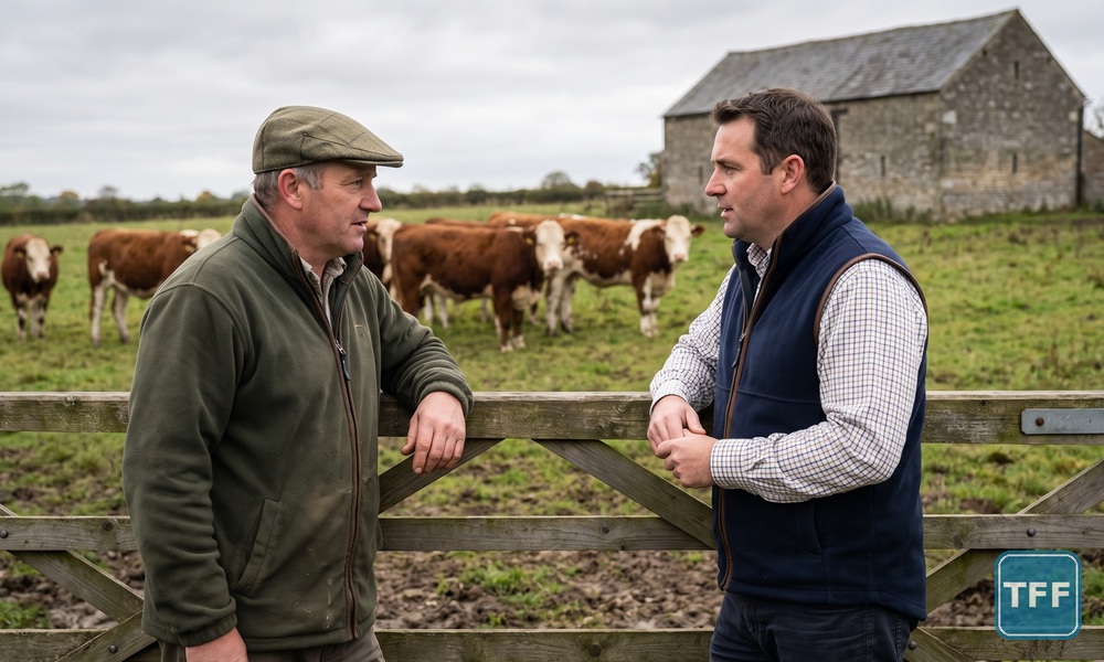 AI-generated editorial illustration: a farmer in a flat cap and a visiting business adviser in conversation at a wooden field gate, beef cattle and a stone barn behind