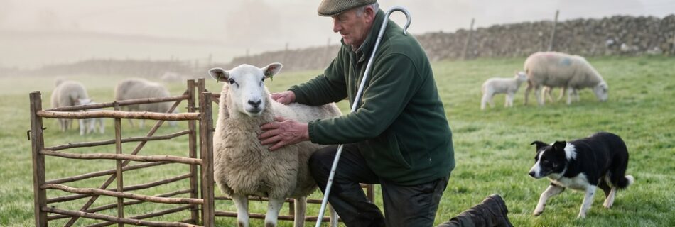 AI-generated editorial illustration: a shepherd kneels beside a caught ewe at a wooden hurdle pen in a misty spring field at dawn, sheepdog approaching, flock with lambs behind