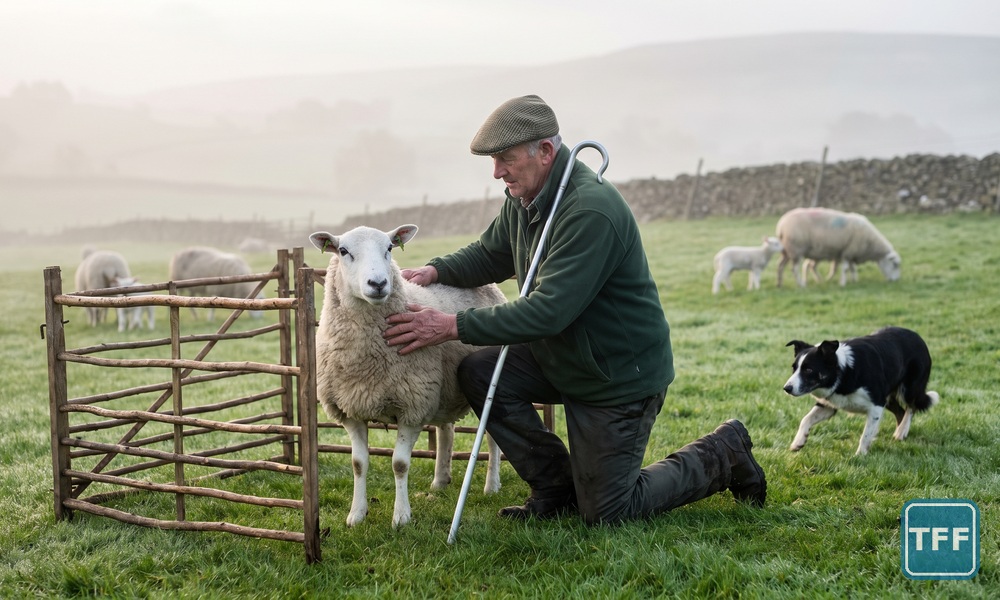 AI-generated editorial illustration: a shepherd kneels beside a caught ewe at a wooden hurdle pen in a misty spring field at dawn, sheepdog approaching, flock with lambs behind