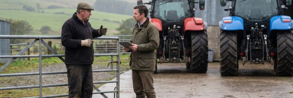 AI-generated editorial illustration: a farmer and a dealer salesman talk at a field gate in a Scottish machinery yard, a plain red tractor and a plain blue tractor parked behind them