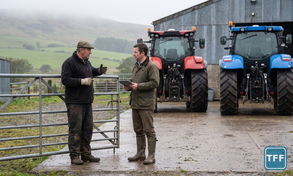 AI-generated editorial illustration: a farmer and a dealer salesman talk at a field gate in a Scottish machinery yard, a plain red tractor and a plain blue tractor parked behind them