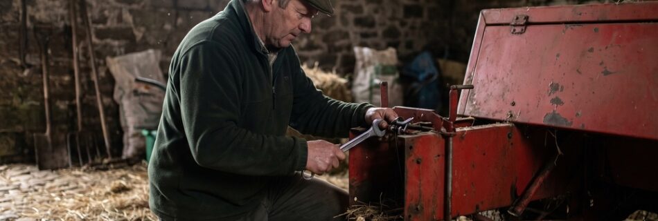 AI-generated editorial illustration of a farmer in a flat cap adjusting the knotter of an old faded red conventional baler with a spanner inside a stone barn