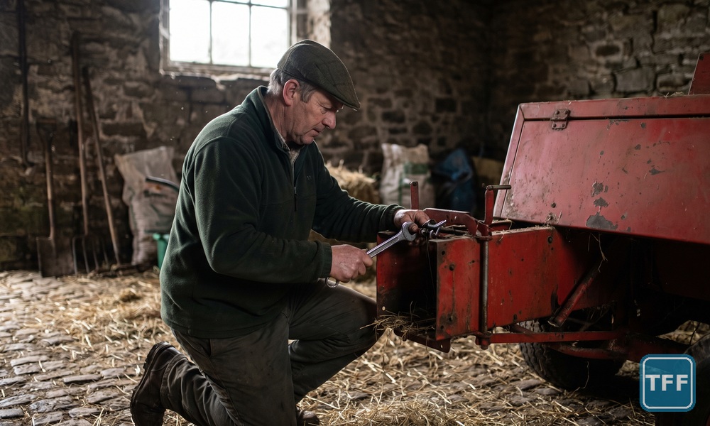 AI-generated editorial illustration of a farmer in a flat cap adjusting the knotter of an old faded red conventional baler with a spanner inside a stone barn
