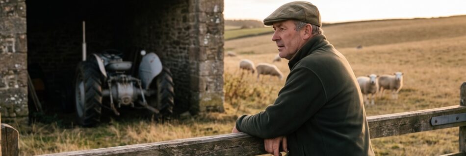 AI-generated editorial illustration: a farmer in a flat cap leans on a wooden field gate at dusk, looking over dry grazed pasture with sheep, an idle grey tractor parked in a stone barn behind