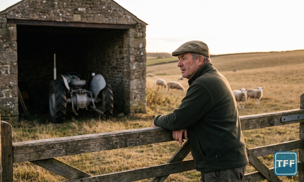 AI-generated editorial illustration: a farmer in a flat cap leans on a wooden field gate at dusk, looking over dry grazed pasture with sheep, an idle grey tractor parked in a stone barn behind