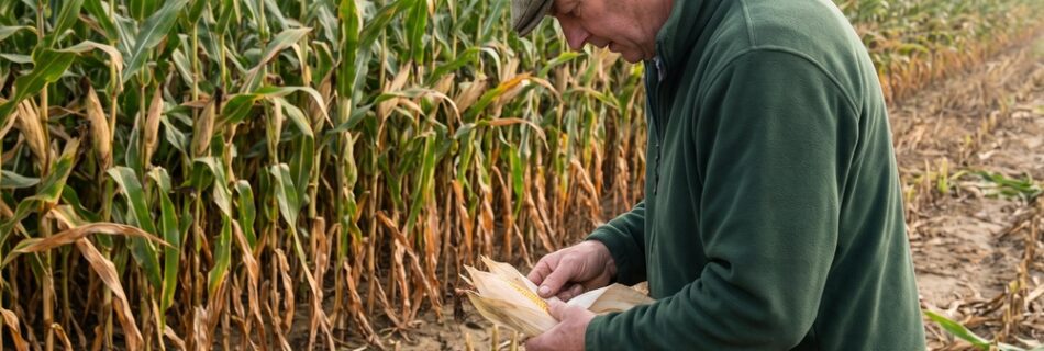 AI-generated editorial illustration: a farmer at the edge of a tall forage maize crop peels back the husk of a cob to check grain fill, with drought-browned lower leaves and dry soil
