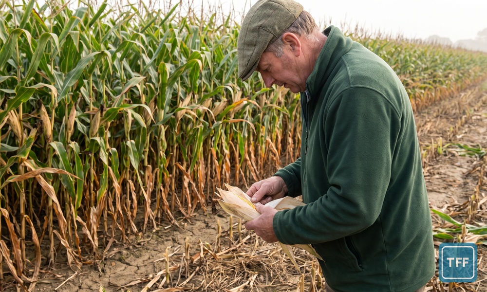 AI-generated editorial illustration: a farmer at the edge of a tall forage maize crop peels back the husk of a cob to check grain fill, with drought-browned lower leaves and dry soil